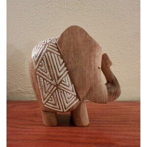 Carved Wood Elephant Trunk Up Hand Painted Tribal Design African Boho 7 3/4" H